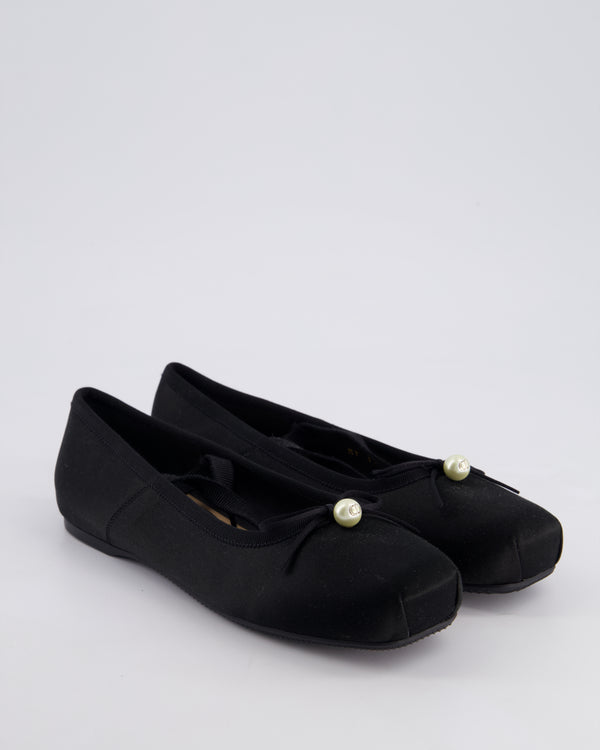 Christian Dior Black Satin D-Joy Ballet Flats Pearl & Lace Up Detail Size EU 36.5