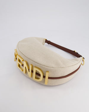 Fendi Beige Canvas FF Fendigraphy Logo Bag with Aged Gold Logo Detail and Brown Leather Trim