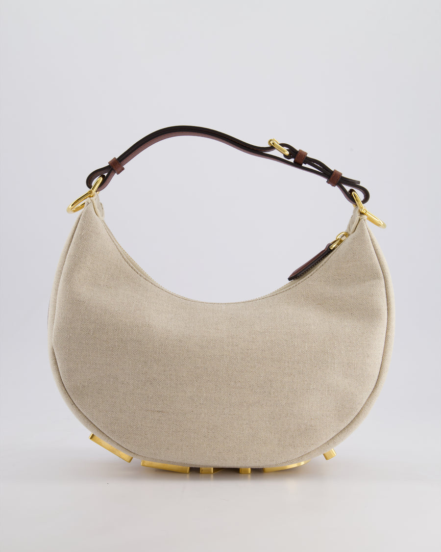 Fendi Beige Canvas FF Fendigraphy Logo Bag with Aged Gold Logo Detail and Brown Leather Trim