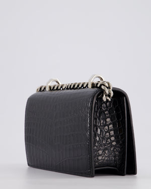Alexander McQueen Black Mini Jewelled Satchel Bag in Embossed Crocodile Leather With Silver Hardware and Embellishment Detail RRP 1950£