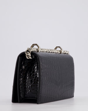 Alexander McQueen Black Mini Jewelled Satchel Bag in Embossed Crocodile Leather With Silver Hardware and Embellishment Detail RRP 1950£