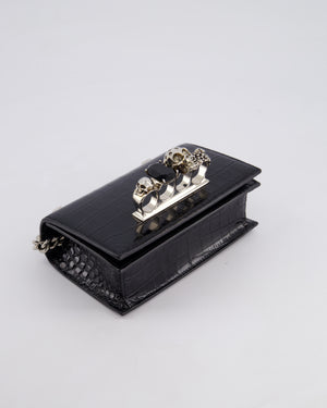 Alexander McQueen Black Mini Jewelled Satchel Bag in Embossed Crocodile Leather With Silver Hardware and Embellishment Detail RRP 1950£