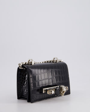 Alexander McQueen Black Mini Jewelled Satchel Bag in Embossed Crocodile Leather With Silver Hardware and Embellishment Detail RRP 1950£