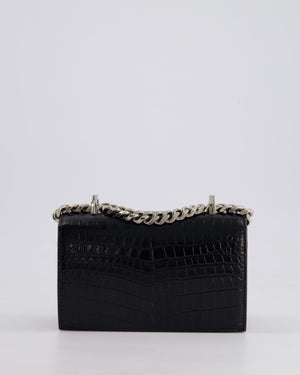 Alexander McQueen Black Mini Jewelled Satchel Bag in Embossed Crocodile Leather With Silver Hardware and Embellishment Detail RRP 1950£
