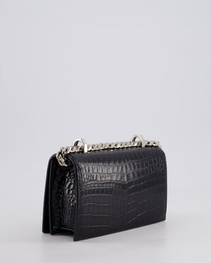 Alexander McQueen Black Mini Jewelled Satchel Bag in Embossed Crocodile Leather With Silver Hardware and Embellishment Detail RRP 1950£