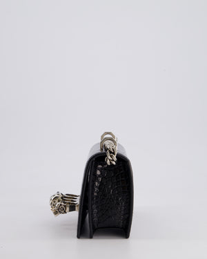 Alexander McQueen Black Mini Jewelled Satchel Bag in Embossed Crocodile Leather With Silver Hardware and Embellishment Detail RRP 1950£