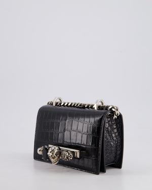 Alexander McQueen Black Mini Jewelled Satchel Bag in Embossed Crocodile Leather With Silver Hardware and Embellishment Detail RRP 1950£