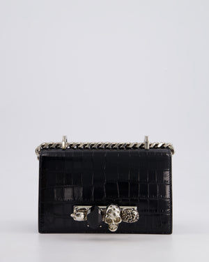 Alexander McQueen Black Mini Jewelled Satchel Bag in Embossed Crocodile Leather With Silver Hardware and Embellishment Detail RRP 1950£
