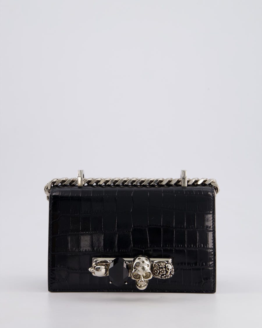Alexander McQueen Black Mini Jewelled Satchel Bag in Embossed Crocodile Leather With Silver Hardware and Embellishment Detail RRP 1950£