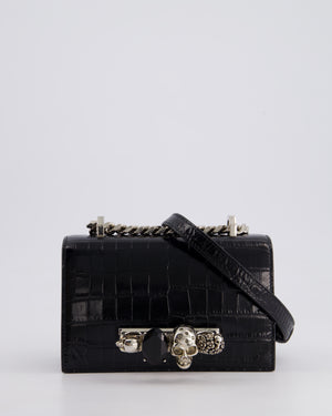 Alexander McQueen Black Mini Jewelled Satchel Bag in Embossed Crocodile Leather With Silver Hardware and Embellishment Detail RRP 1950£