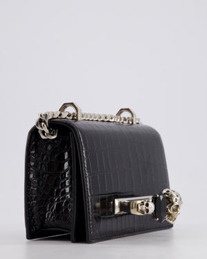 Alexander McQueen Black Mini Jewelled Satchel Bag in Embossed Crocodile Leather With Silver Hardware and Embellishment Detail RRP 1950£