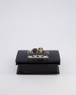 Alexander McQueen Black Mini Jewelled Satchel Bag in Embossed Crocodile Leather With Silver Hardware and Embellishment Detail RRP 1950£
