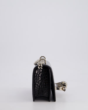 Alexander McQueen Black Mini Jewelled Satchel Bag in Embossed Crocodile Leather With Silver Hardware and Embellishment Detail RRP 1950£