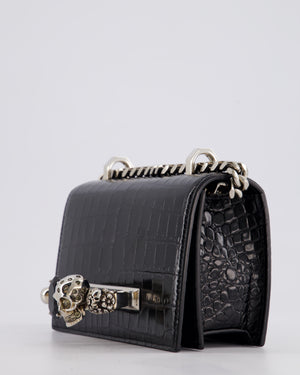 Alexander McQueen Black Mini Jewelled Satchel Bag in Embossed Crocodile Leather With Silver Hardware and Embellishment Detail RRP 1950£