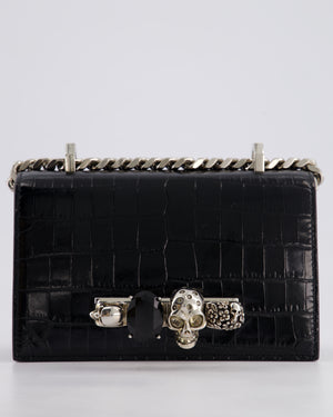 Alexander McQueen Black Mini Jewelled Satchel Bag in Embossed Crocodile Leather With Silver Hardware and Embellishment Detail RRP 1950£