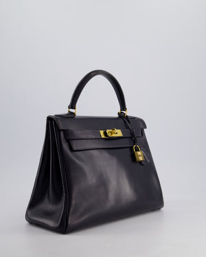 *FIRE PRICE* Hermès Vintage Kelly Retourne 28cm Bag in Navy Box Leather with Gold Hardware