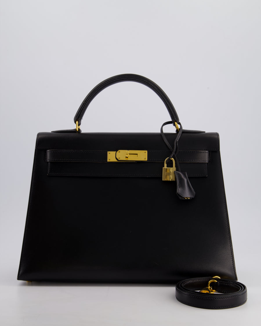 Hermès Vintage Kelly 32cm Sellier Bag in Noir Box Calf Leather with Gold Hardware