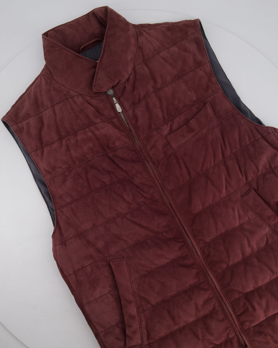 Brunello Cucinelli Menswear Burgundy Suede Leather Quilted Gilet Size S (UK 36)