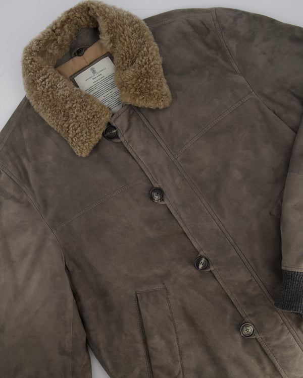 Brunello Cucinelli Grey Suede Jacket with Beige Fur Collar Size M (UK 40)