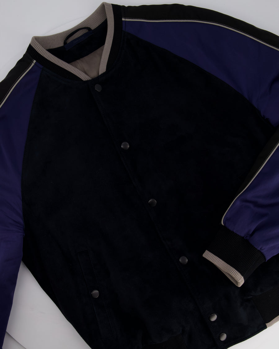Lanvin Navy Menswear Navy Suede Bomber Jacket with Satin Arm Detail Size IT 48 (UK 36)