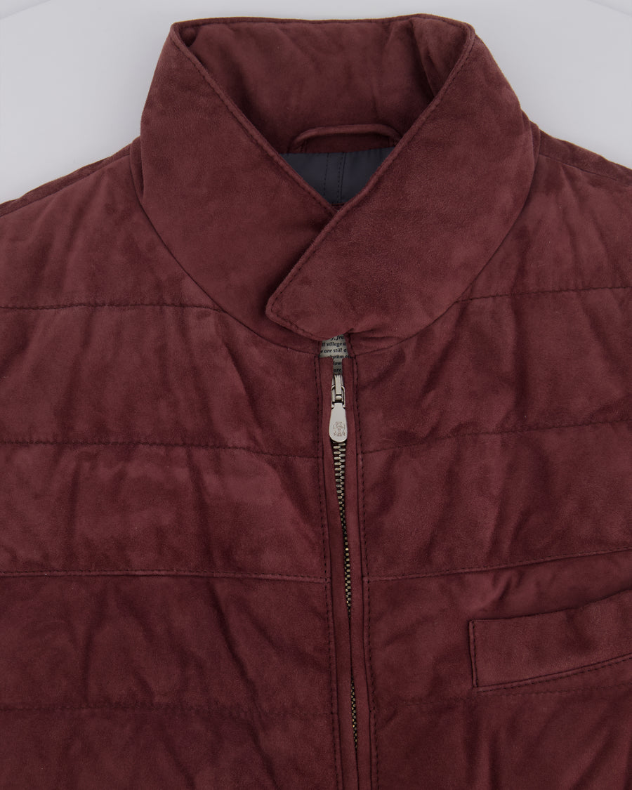 Brunello Cucinelli Menswear Burgundy Suede Leather Quilted Gilet Size S (UK 36)