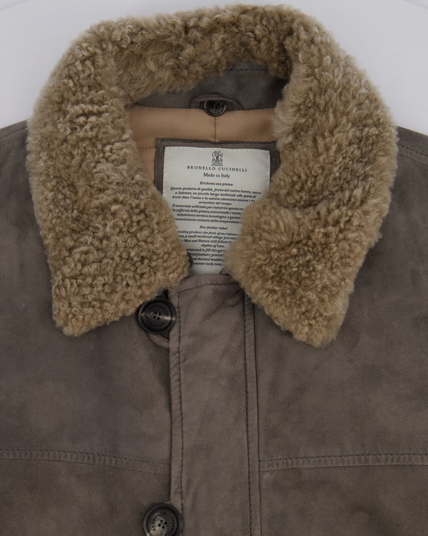 Brunello Cucinelli Grey Suede Jacket with Beige Fur Collar Size M (UK 40)