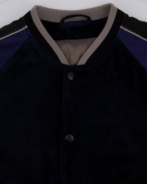 Lanvin Navy Menswear Navy Suede Bomber Jacket with Satin Arm Detail Size IT 48 (UK 36)