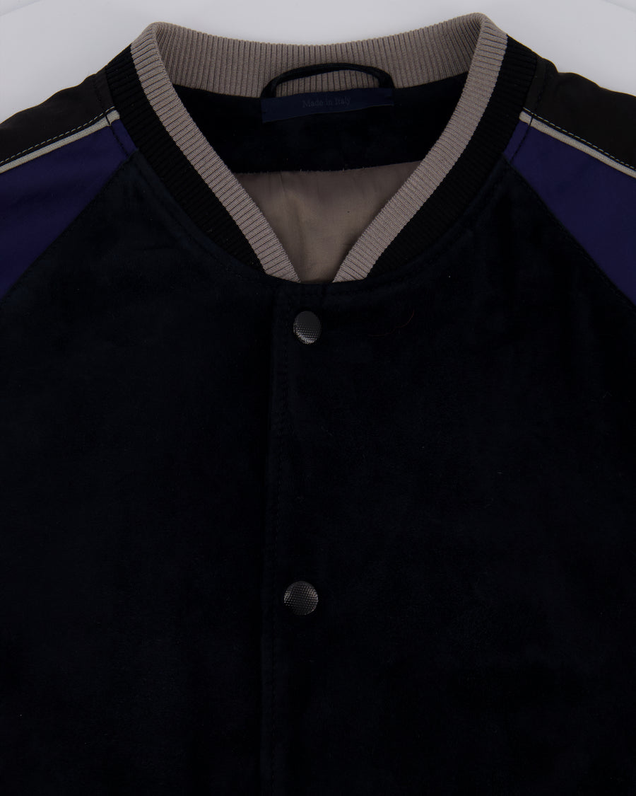 Lanvin Navy Menswear Navy Suede Bomber Jacket with Satin Arm Detail Size IT 48 (UK 36)