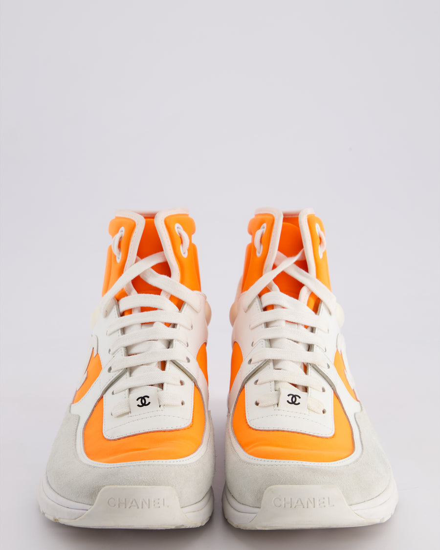 Chanel SS/18 White Leather and Neon Orange Nylon Laced High Top Trainers Size EU 39