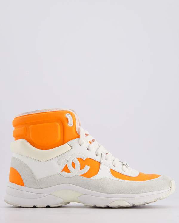 Chanel SS/18 White Leather and Neon Orange Nylon Laced High Top Trainers Size EU 39