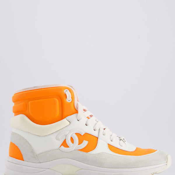 Chanel SS/18 White Leather and Neon Orange Nylon Laced High Top