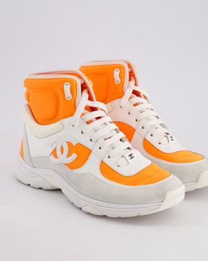 Chanel SS/18 White Leather and Neon Orange Nylon Laced High Top Trainers Size EU 39