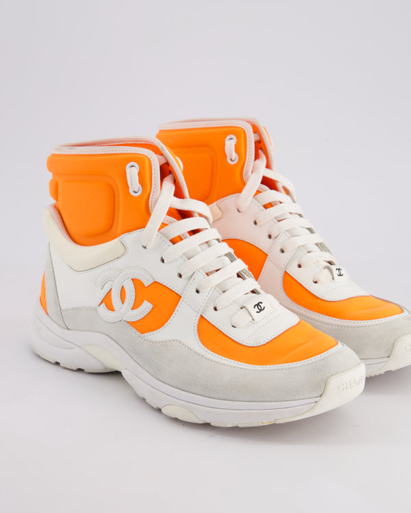 Chanel SS/18 White Leather and Neon Orange Nylon Laced High Top Trainers Size EU 39