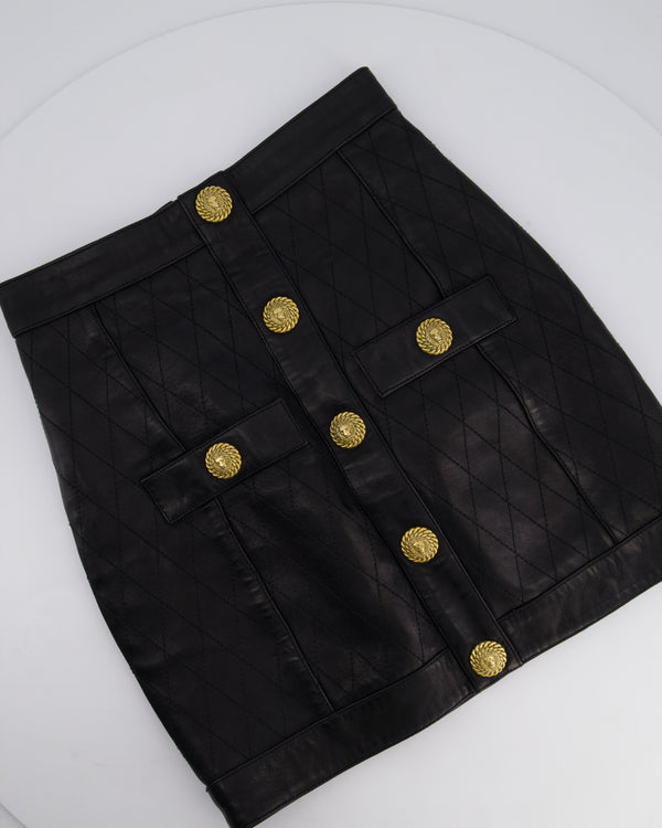 Balmain Black Quilted Lambskin Mini Skirt with Gold Buttons Detail Size FR 36 (UK 8) RRP £2,090