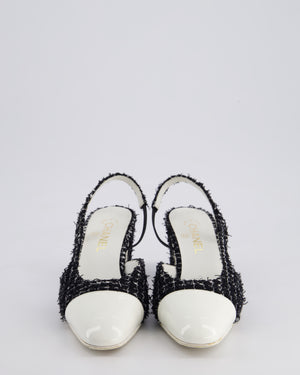 Chanel Black & White Tweed Slingback Shoes with White Patent Leather Toe Detail Size EU 40