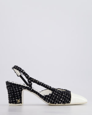 Chanel Black & White Tweed Slingback Shoes with White Patent Leather Toe Detail Size EU 40