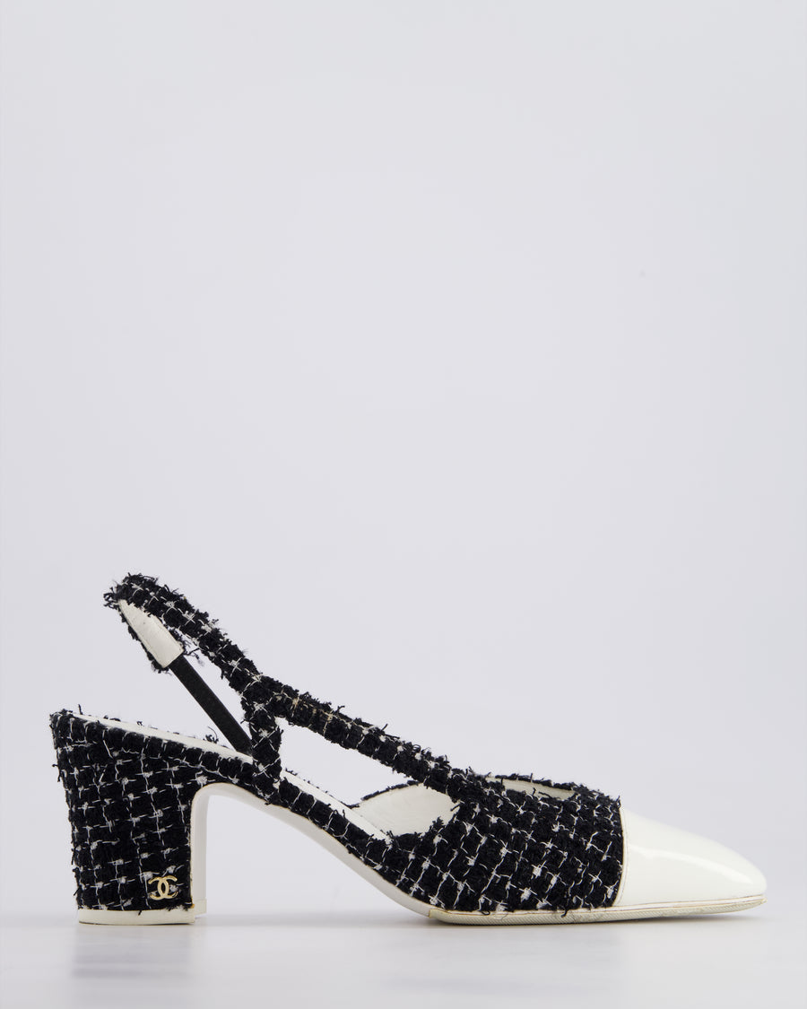 Chanel Black & White Tweed Slingback Shoes with White Patent Leather Toe Detail Size EU 40