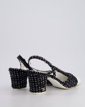 Chanel Black & White Tweed Slingback Shoes with White Patent Leather Toe Detail Size EU 40