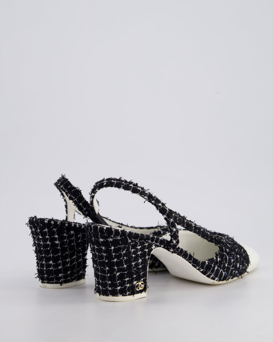 Chanel Black & White Tweed Slingback Shoes with White Patent Leather Toe Detail Size EU 40