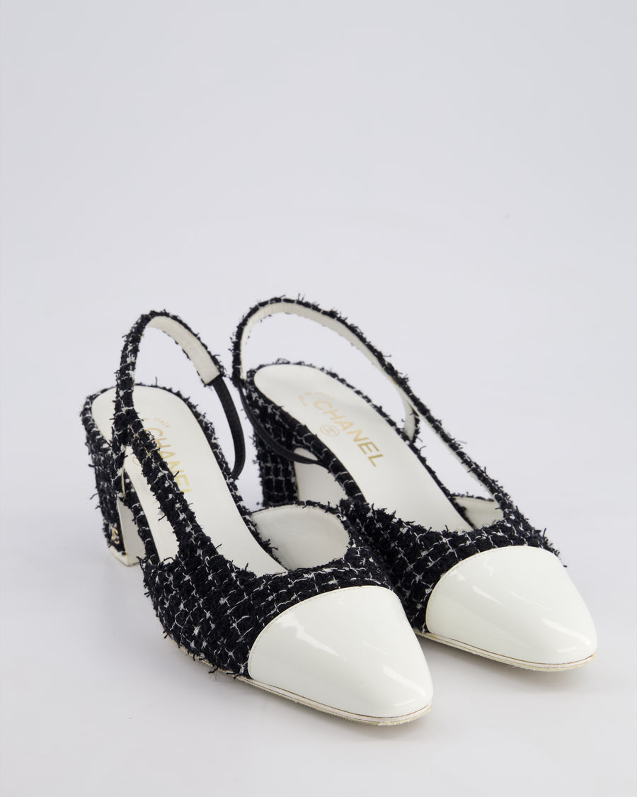 Chanel Black & White Tweed Slingback Shoes with White Patent Leather Toe Detail Size EU 40