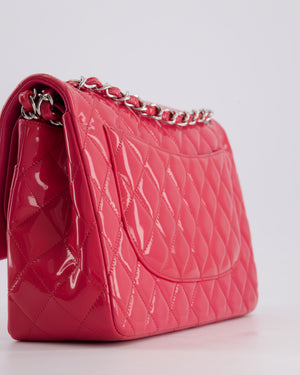 *HOT* Chanel Glossy Raspberry Pink Jumbo Classic Double Flap Bag in Patent Leather with Silver Hardware RRP £9,540