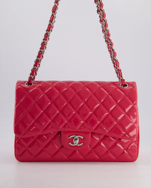 *HOT* Chanel Glossy Raspberry Pink Jumbo Classic Double Flap Bag in Patent Leather with Silver Hardware RRP £9,540