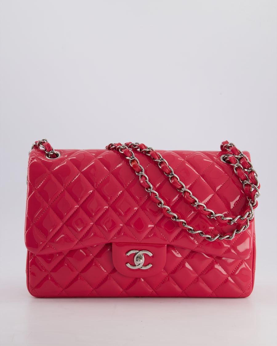 *HOT* Chanel Glossy Raspberry Pink Jumbo Classic Double Flap Bag in Patent Leather with Silver Hardware RRP £9,540