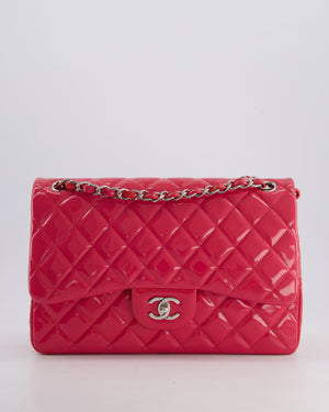 *HOT* Chanel Glossy Raspberry Pink Jumbo Classic Double Flap Bag in Patent Leather with Silver Hardware RRP £9,540