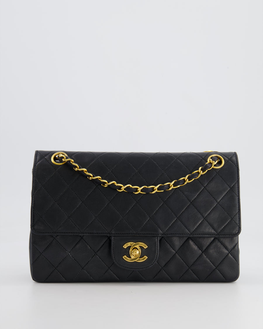 Chanel Vintage Black Classic Medium Stitched Edge Double Flap Bag in Lambskin Leather with 24K Gold Hardware