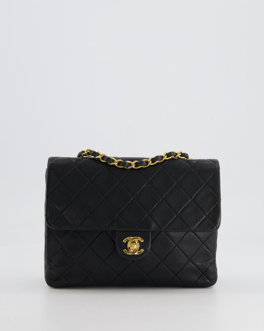 Chanel Vintage Black Small Square Single Flap Bag in Lambskin Leather with 24K Gold Hardware