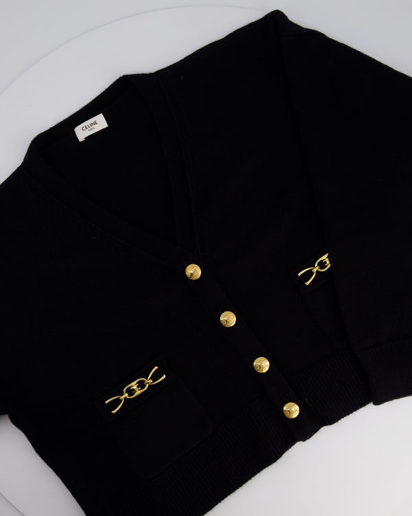 Celine Black Cashmere Cropped Long Sleeve Cardigan with Gold Triomphe Logo Details Size Small UK 8 RRP £1400