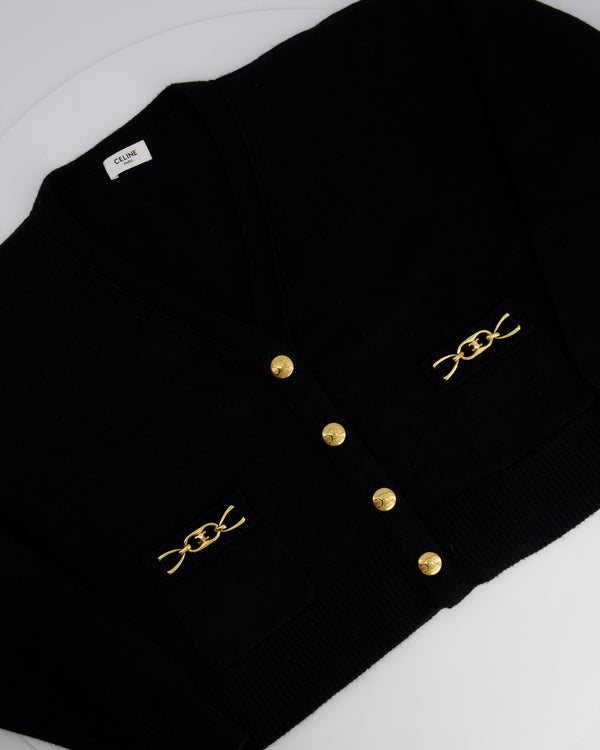 Celine Black Cashmere Cropped Long Sleeve Cardigan with Gold Triomphe Logo Details Size Small UK 8 RRP £1400
