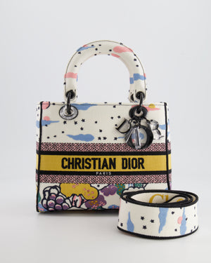 *LIMITED EDITION* Christian Dior Ciel de Rêve White and Multicolour Embroidered Lady D-Lite Bag in Canvas with Black Hardware