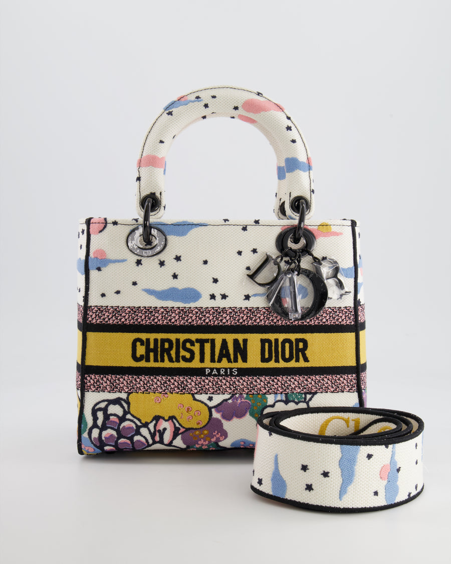 *LIMITED EDITION* Christian Dior Ciel de Rêve White and Multicolour Embroidered Lady D-Lite Bag in Canvas with Black Hardware